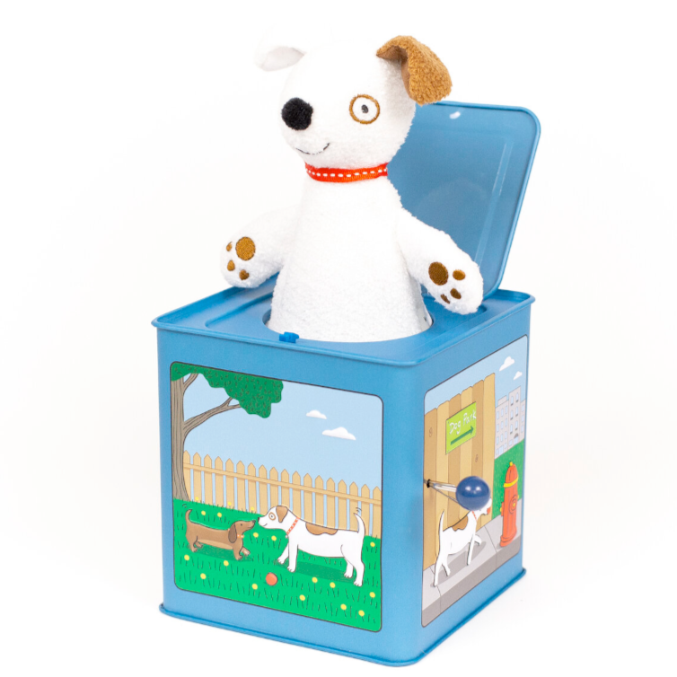 Dog in a sale box toy shop